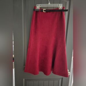 Bordeaux Red A-Line Suede Leather Midi Skirt for Women. Size Small.
